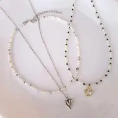 No.82 ビーズネックレス　ハンドメイド　3点セット　パール風　ハート　星
