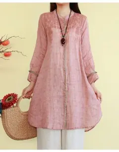 長袖長版襯衫女上衣刺繡粉色