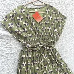 h.b インド製　綿100% 花柄ロングワンピース　ウエストリボン　Vネック