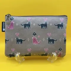 【新作】20cmファスナーポーチ/猫とトランプ/ブラウン
