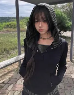 ボーダー ストライプ トップス パーカー ボタン 長袖 SHEIN 韓国