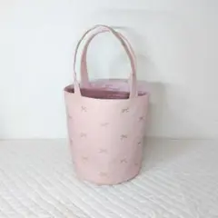 丸底トートバッグ バケツ型 リボン柄 ピンク ハンドメイド