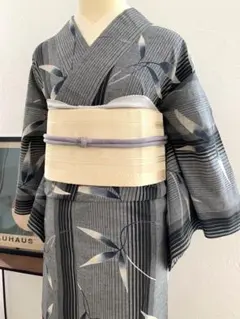 ❇︎ 粋な縞に笹模様＊木綿着物　浴衣　グレー　手縫い仕立て＊居敷当て付き｜小さめ❇︎