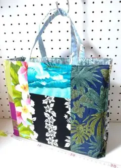 紙袋風 トートバッグ エコバッグ ハワイ ハイビスカス モンステラ ハンドメイド