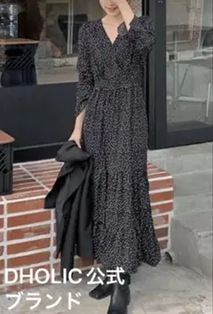 DHOLIC公式ブランド 2段ティアードワンピース ドット柄 高身長さん