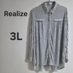 Realize ストライプシャツ 3L 長袖 レディース 大きい ゆったり 春