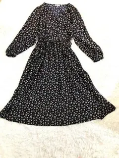 COLZA 花柄ロングワンピース L 黒 Vネック ウエストリボン　Aライン