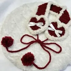ハート イヤーマフ ハンドメイド 編み物 フワフワ リボン ワインレッド×白
