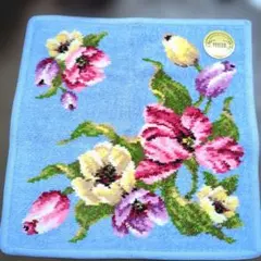 未使用　FEILER 花柄タオルハンカチ 淡い水色　 約25cm x 25cm
