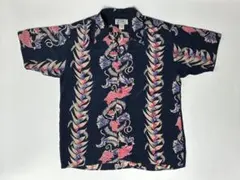 AVANTI ネイビー　朝顔　アロハシャツ　半袖　シルク　Lサイズ