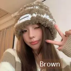 もこもこ帽子　ニット帽　ファー　ストライプ　あったか　スノボ　韓国コーデ　茶色