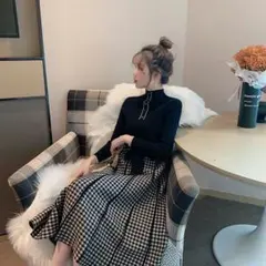 ニット ワンピース 黒 チェック ゆったりサイズ 今季 秋冬 暖か 7