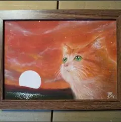 【匿名配送】絵画　「夕暮れのにゃんこ」　2Lサイズ額つき