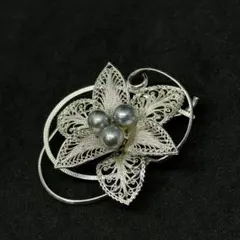ヴィンテージ 本真珠 シルバー ブローチ ブルーグレー あこや真珠