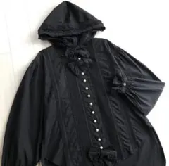 【金子功期 希少】インゲボルグ フード付 ピンタックブラウス 黒 リボン×パール