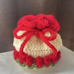 編み物 花モチーフの巾着袋 レッドとアイボリー色