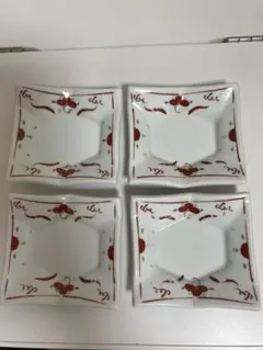 美濃焼 作家物花赤絵角皿小皿 4枚セット 赤絵縁起物　菓子器