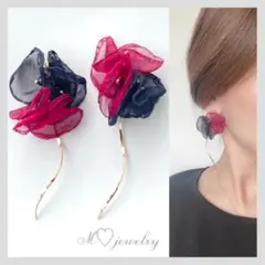 7レッド　ブラック　レースフラワー　2点目より半額　ハンドメイドピアス