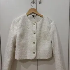 ツイード ノーカラージャケット H&M ホワイト　M