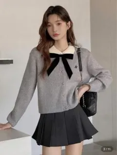 秋冬 カラーコントラスト リボン衿 長袖 刺繍 レディーストップス カーディガン