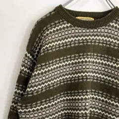 長袖　総柄ニット　セーター　ボーダー　グリーン　カーキ　人気配色