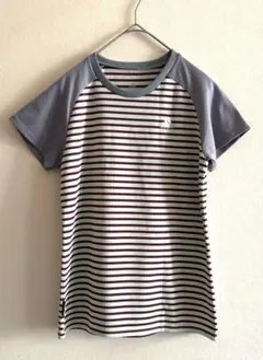 レディース　adidas ボルドー グレー ストライプ Tシャツ