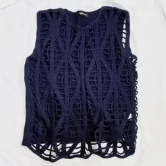 トップトポロ 透かし編みニットベスト ネイビー レイヤード ウール100%