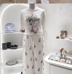 新品！ジェラートピケ⭐︎リボンキャットルームウェア上下セットホワイト