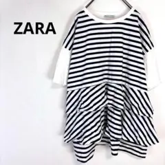 ◇ザラ【XS】トップス　ボーダー　フリル　半袖　チュニック　コットン