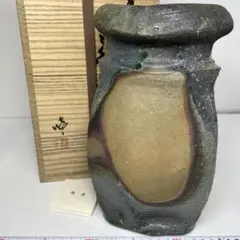 入手困難★ジェフ・シャピロ【師：伊勢崎淳】焼き締め扁壺★共箱★ニューヨーク 入手困難☆ジェフ・シャピロ【師：伊勢崎淳】焼き締め扁壺☆共箱