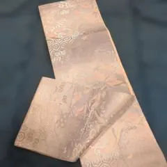 #DM6-2. 正絹成人袋帯・銀通し薄いピンク配色に鶴の図袋帯約420×30cm