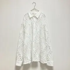 レースデザイン シャツ ブラウス ホワイト 4XL 丈長め 大きめ レディース