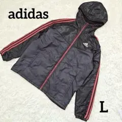 アディダス 裏起毛フードナイロンジャケット 秋冬 ロゴ入り スポーティ 黒赤 L