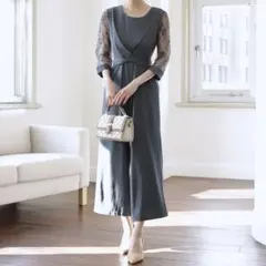 DRESS+ パンツドレス レース袖 オールインワン パーティドレス 結婚式