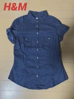 H＆M　水玉柄シャツ　ブラウス　コットン100％　ドット　ネイビーのサムネイル