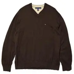 トミーヒルフィガー コットンニット Vネック セーター ブラウン メンズXL