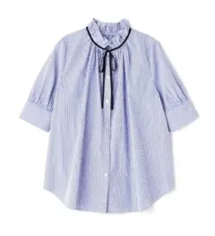 即購入歓迎！　フリルネックバイカラーリボンブラウス ブルーストライプ