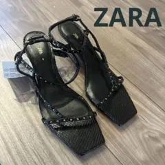 新品　ZARA ザラ　レザー　ゴールドスタッズ付き　ハイヒール　サンダル　靴