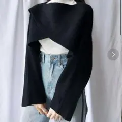 me+me select フロントクロスデザインショートリブニット ブラックのサムネイル