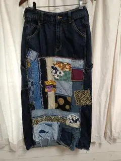 リメイクデニム　パッチワークスカート　 Lサイズ　マキシ丈