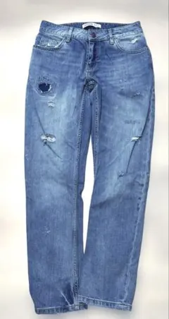 ZARA BASIC ダメージ加工 ライトブルーデニムジーンズ