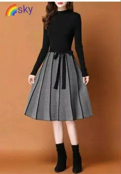 ラスト1点 新品 モノトーン ニット ワンピース Aライン ブラック フリー