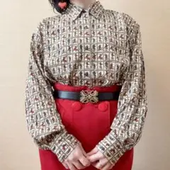 希少 小人 パターン柄 総柄シャツブラウス 昭和レトロ ヴィンテージ 日本製 白