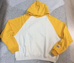 新品SLAMBLE イエローXホワイトバイカラ— フード付きパーカー M