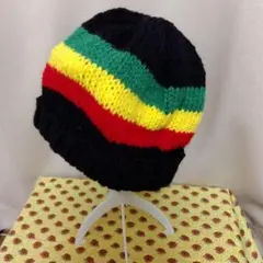 ラスタカラー ニット帽 ハンドメイド 手編み