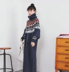 ラジエム　もちふわキュウシン編みタートルニットワンピース　ネイビー