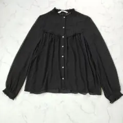 ZARA　シースルーブラウス　ボタン　フリル　薄手　春夏　黒　M相当