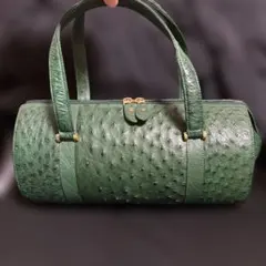 希少＊本革オーストリッチレザー 筒型グリーンハンドバッグ