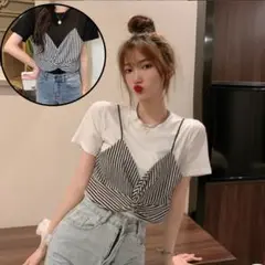 フェイク　レイヤード　ビスチェ　レディース　半袖　大人可愛い　着瘦せ　シンプル