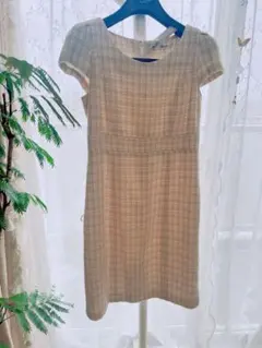 【入学式・お祝い・顔合わせ】ベージュ系チェック 半袖ミニワンピース